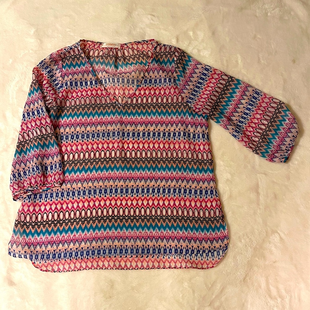 Renee C 3/4 sleeve, sheer, multi-color size large top